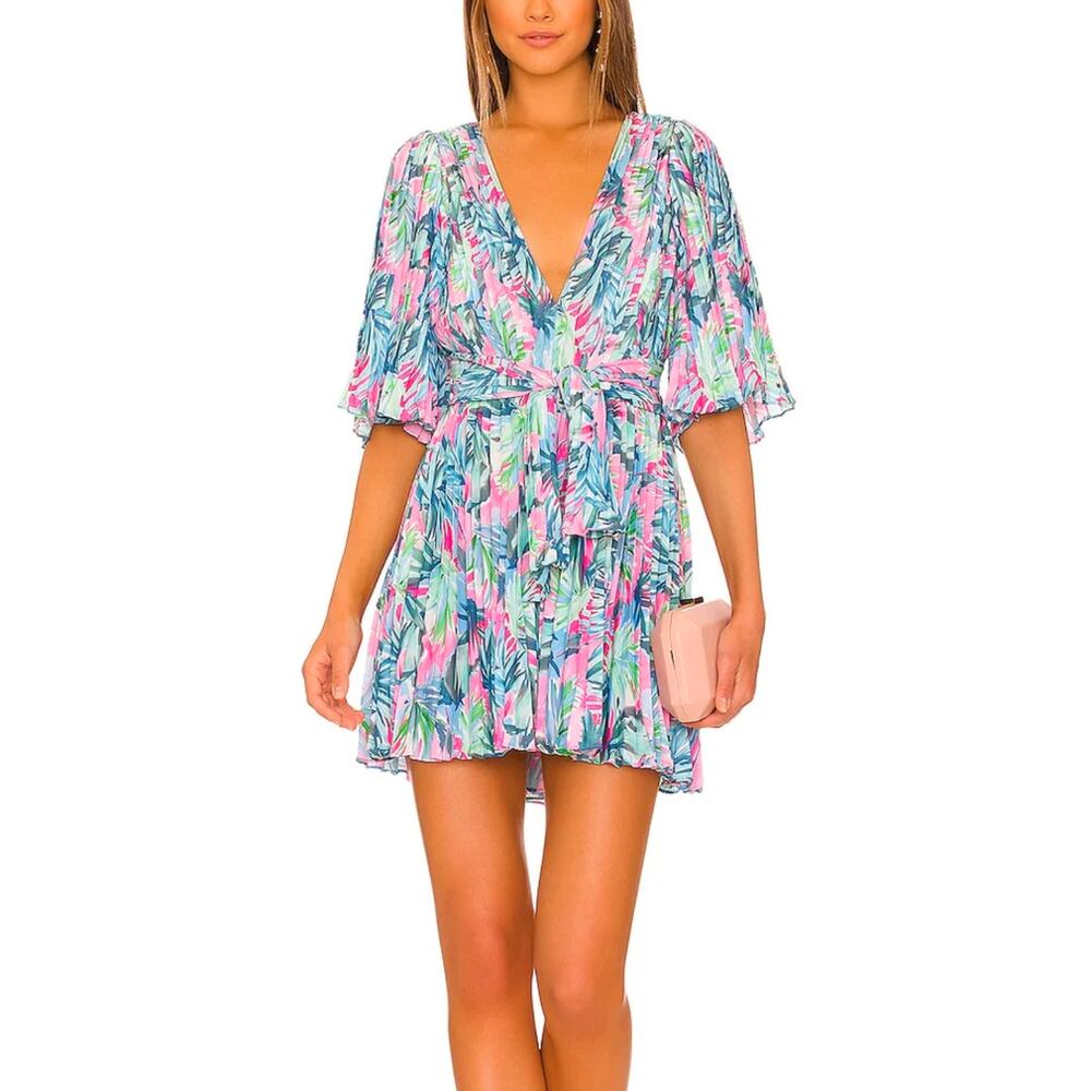 Saylor Mini Dress Byrd Miami Pleat Leaf Tropical Print Deep V-Neck Pink Blue XS